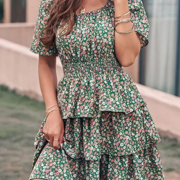 Women's Floral Summer Dress Square Neck Short Sleeve Tiered Boho Swing - Picture 3 of 5